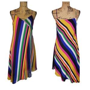 Bar III Multi-Color Rainbow Striped Asymmetrical Flowy Dress Metallic Size Small